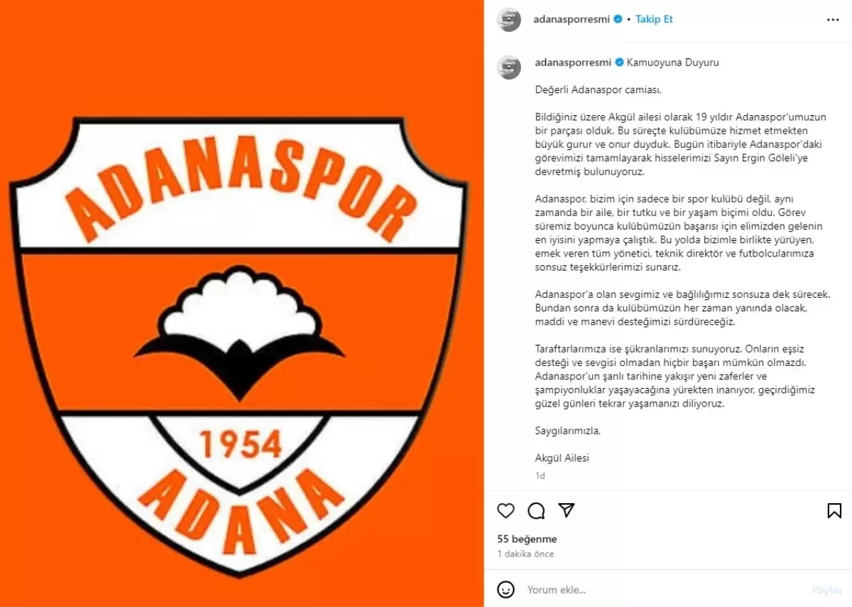 Adanaspor’un Hisseleri Ergin Göleli’ye Devredildi